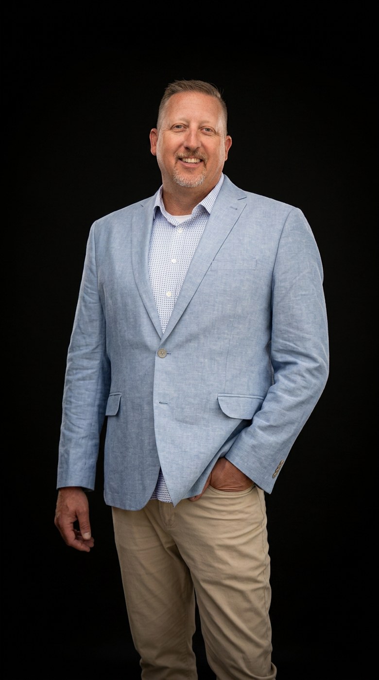 Shawn Monsen, BlackSalt Group founding partner and group leader, smiling in a light blue blazer against a black studio backdrop.